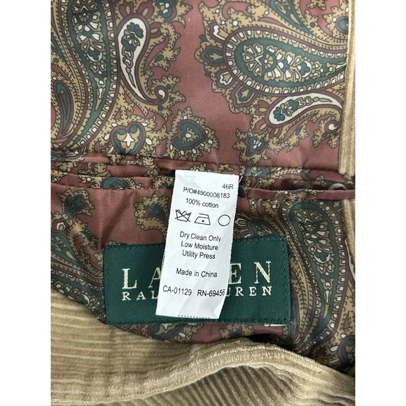 Lauren Ralph Lauren Mens 46R Corduroy Sport Coat Brown Jacket Blazer